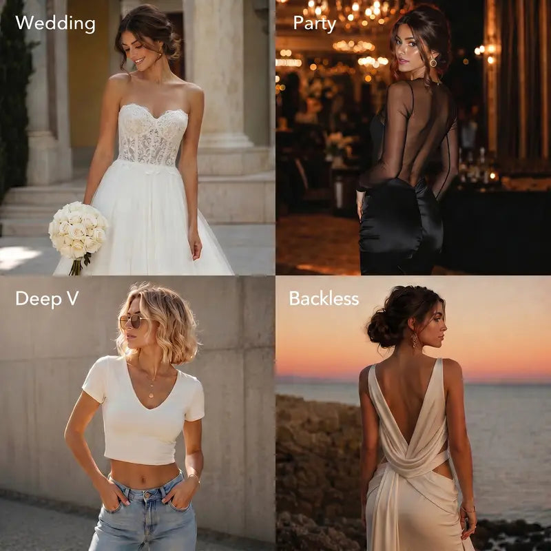 Women wearing wedding, party, deep V, and backless outfits styled with a seamless push up sticky bra