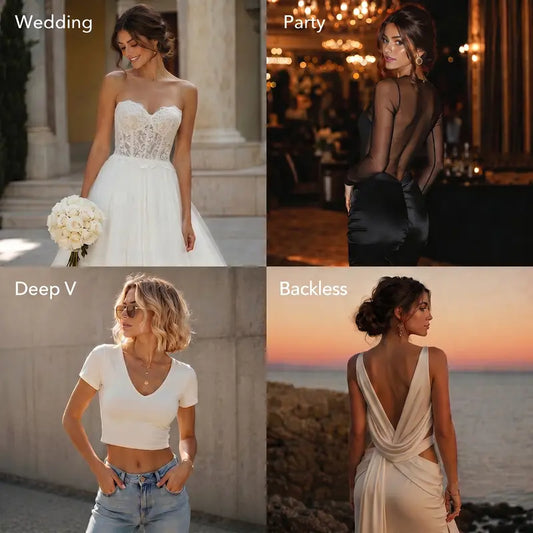 Women wearing wedding, party, deep V, and backless outfits styled with a seamless push up sticky bra