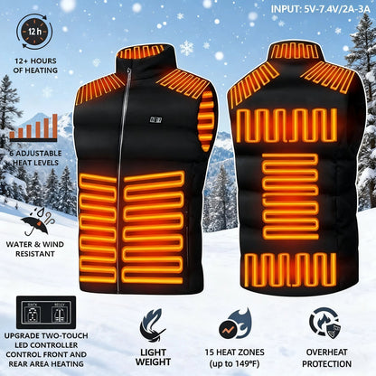 Front and back view of Virelleco 15-zone black heated vest showing glowing heating elements, 12-hour battery life, and water-resistant features in a snowy background.