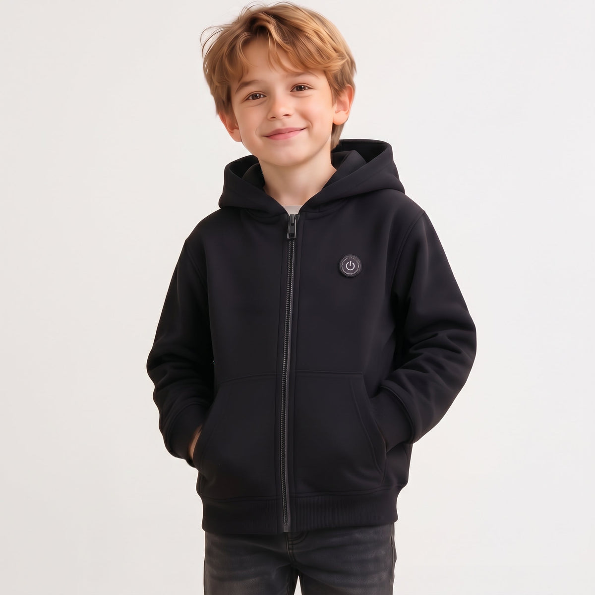 Smiling boy wearing a classic black 7-zone smart heated zip-up hoodie for winter