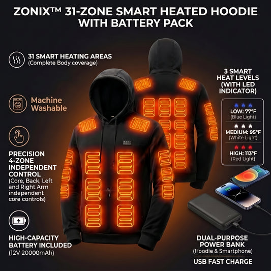Zonix™ 31-Zone Smart Heated Hoodie with Battery Pack | 4-Button Precision Control