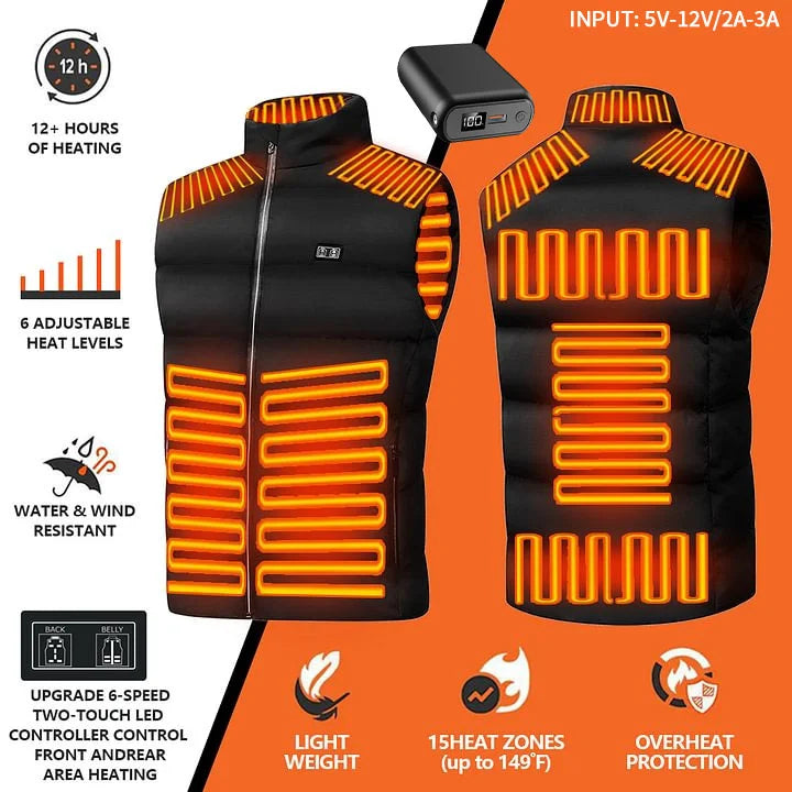 15-zone heated vest displayed with a 12V portable battery pack, highlighting the USB input requirements and lightweight, long-lasting heating performance.